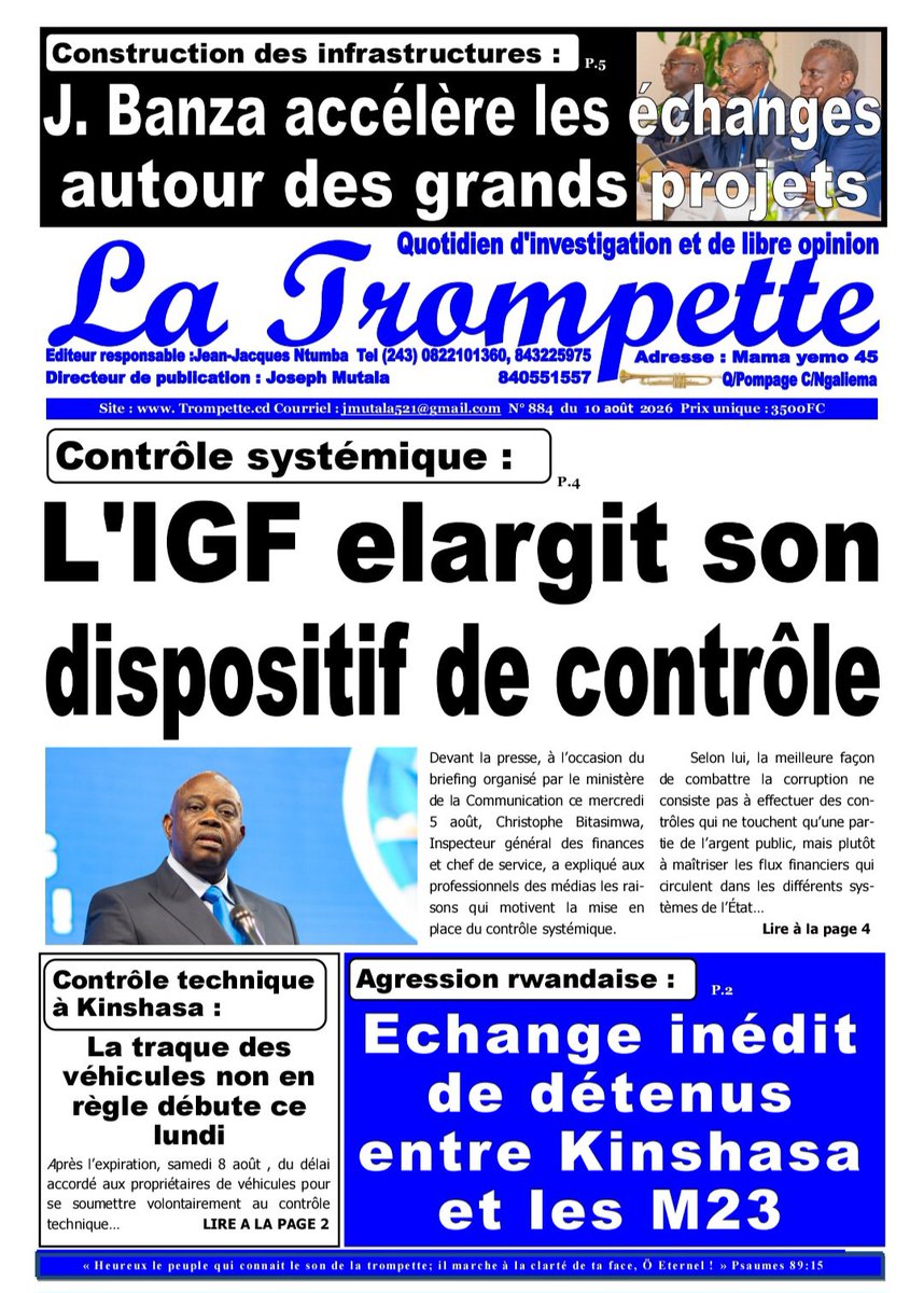 CongoB430777's tweet photo. Notre édition de ce lundi 10 août 2026 https://t.co/Jz1F43CsWf