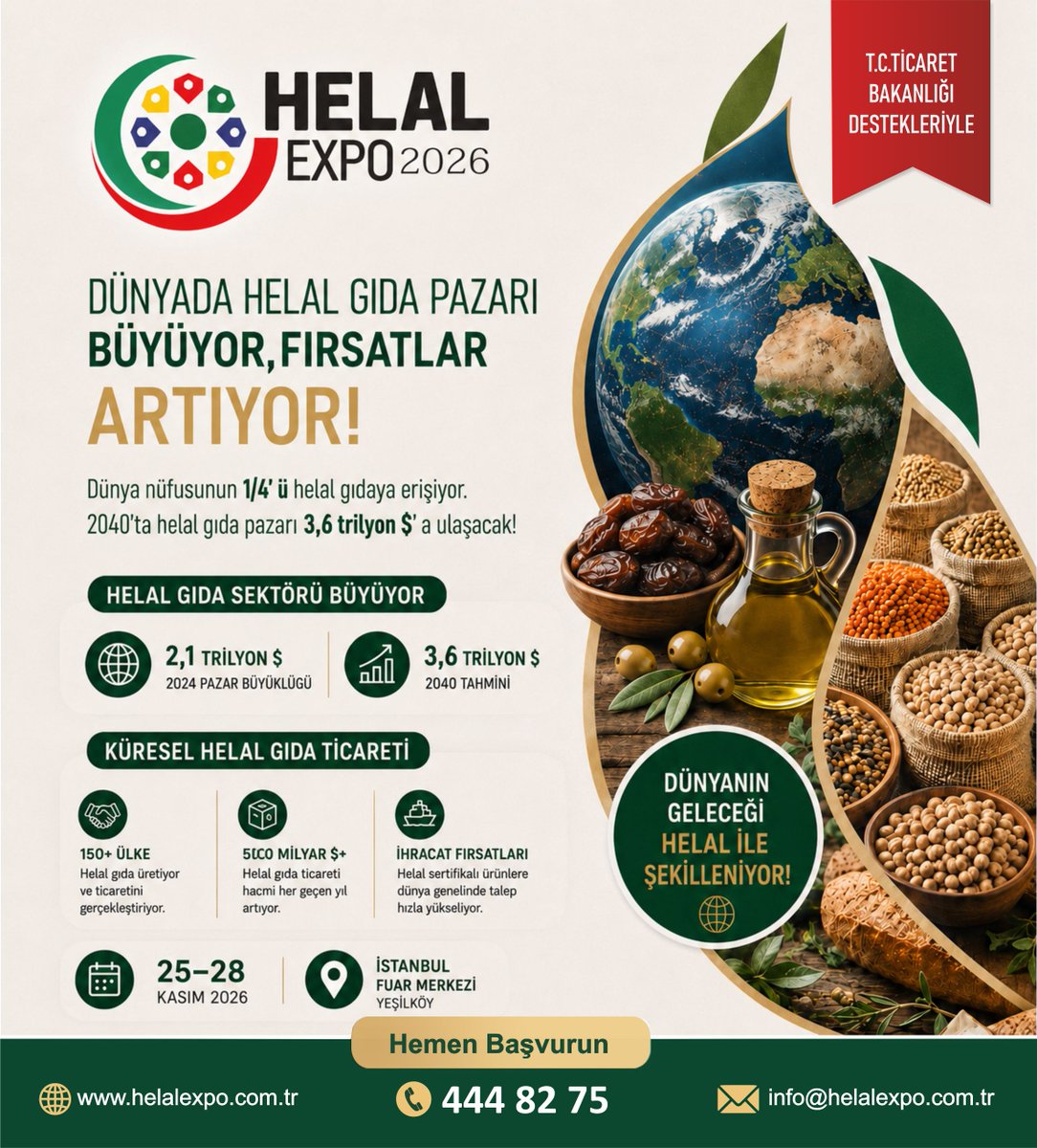 HelalExpo's tweet photo. Dünyada helal gıda pazarı büyüyor, fırsarlar artıyor! 🌍🌿

Dünya nüfusunun 1/4'ü helal gıdaya erişiyor. 2040'ta helal gıda pazarının 3,6 Trilyon $'a ulaşması bekleniyor. Bu dev pazarda yerinizi almak için doğru adres: Helal Expo 2026!

📊 Rakamlarla Helal Gıda Sektörü:
🌐 2,0 Milyar+ Müslüman tüketici
💰 2,1 Trilyon $ — 2024 pazar büyüklüğü
📈 3,6 Trilyon $ — 2040 tahmini
📉 %7,5 yıllık büyüme
🚢 150+ ülke helal gıda üretiyor ve ticaretini yapıyor
💵 500 Milyar $+ helal gıda ticaret hacmi
🏆 En Büyük Helal Gıda Pazarları:
🇮🇩 Endonezya — 315 Milyar $
🇵🇰 Pakistan — 260 Milyar $
🇹🇷 Türkiye — 180 Milyar $
🇧🇩 Bangladeş — 140 Milyar $
🇸🇦 Suudi Arabistan — 120 Milyar $
Dünyanın geleceği helal ile şekilleniyor! Bu dev pazarda markanızı dünyaya açmak için Helal Expo 2026'da yerinizi alın!
📅 25–28 Kasım 2026
📍 İstanbul Fuar Merkezi, Yeşilköy
🌐 https://t.co/gzx1FfSzJz
📞 444 82 75 | ✉️ info@helalexpo.com.tr
#HelalExpo #HelalExpo2026 #HelalGıda #HalalFood #GlobalHalal #HelalEkonomi #HelalTicaret #GıdaSektörü #İhracat #B2B #İstanbul #Fuar #2026