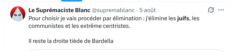 Manouck44's tweet photo. 🙄Sérieusement, aucune infraction ? 

Ce compte publie ouvertement des propos racistes, antisémites, des appels à éliminer des individus mais X répond qu'il n'y a pas d'infraction ! https://t.co/q7lzWu0hb3