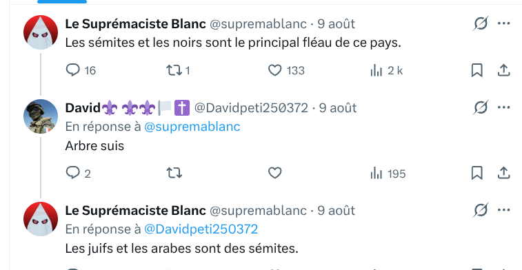 Manouck44's tweet photo. 🙄Sérieusement, aucune infraction ? 

Ce compte publie ouvertement des propos racistes, antisémites, des appels à éliminer des individus mais X répond qu'il n'y a pas d'infraction ! https://t.co/q7lzWu0hb3