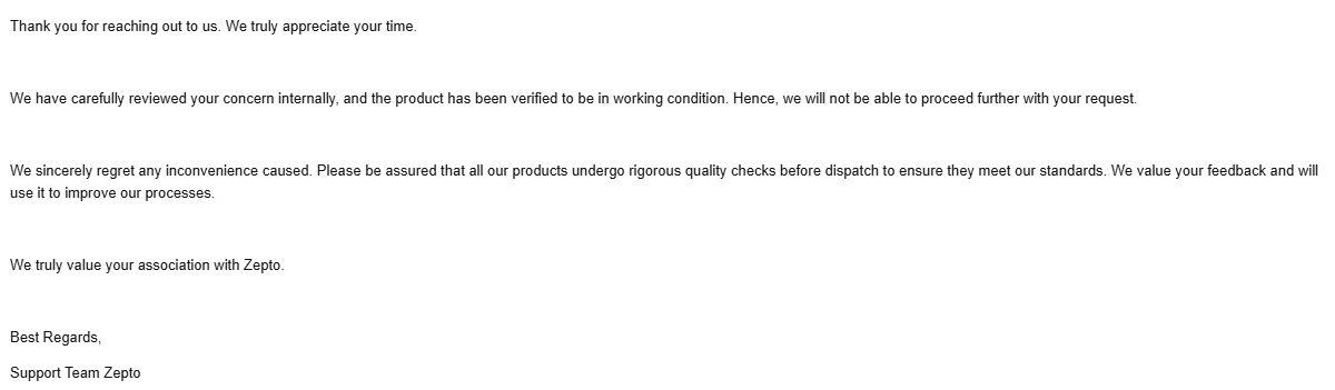 DrKatkuri's tweet photo. @zeptocares @ZeptoNow 
“cheap practice” seems to be common nowadays sending a generic response, claiming the product is working, and simply closing the complaint without properly addressing the concern.
please provide a transparent resolution instead of a copy-paste response. https://t.co/fXrRQ1CnBT