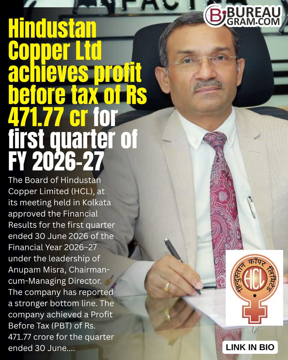 bureaugram's tweet photo. https://t.co/DvDoGes3KL
Hindustan Copper Ltd achieves profit before tax of Rs 471.77 cr for first quarter of FY 2026–27... 
.
.
@HindustanCopper @MinesMinIndia @mygovindia

#BureaugramNews #HindustanCopper #HCL #AnupamMisra #Q1FY27 #FinancialResults #ProfitGrowth #Copper #Mining https://t.co/0ghy1SsrEA