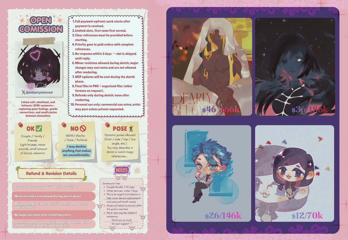 aidearlybeloved's tweet photo. ✨ URGENT COMMS OPEN ✨

hello! i'm opening commissions to help with medical expenses and to replace my very old laptop &amp; phone ;; both are slowly giving up on me ｡⁠:ﾟ⁠(⁠;⁠´⁠∩⁠`⁠;⁠)ﾟ⁠:⁠｡
.
#VGenOPEN
#zonauangㅤ https://t.co/YkokQoKCSV