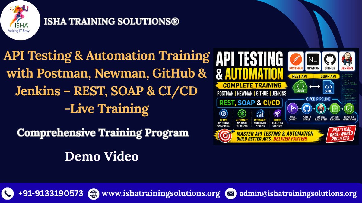 IshaKumargupta's tweet photo. API Testing & Automation Training with Postman-Live Training–Demo Recording
Watch:https://t.co/voO8xEa4Ba
Enrollments Open
Regular Sessions Start:11th Aug,Timings
9:00PM(IST)
11:30AM(EST)
4:30PM(BST)
Course Fee:₹6,900/$ 89
Call@+91 91331 90573
#APITesting #APIAutomation #CICD https://t.co/3UgxlTbuZB