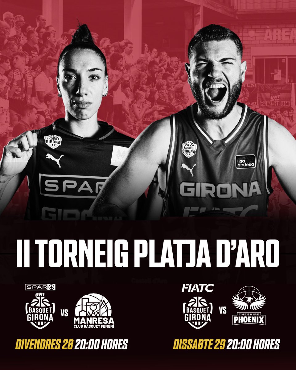 BasquetGirona's tweet photo. Tot comença per 𝗣𝗟𝗔𝗧𝗝𝗔 𝗗'𝗔𝗥𝗢 🌊

🆕 El FIATC Girona i l'Spar Girona estrenaran la pretemporada al Torneig Platja d'Aro 🏆

⛹️‍♀️🆚 @manresacbf dv 28, 20h
⛹️‍♂️🆚 @CheshireNix ds 29, 20h

🎟️ Entrades femení: https://t.co/V0BLyIRcZe
🎟️ Entrades masculí: https://t.co/cXYTxroPfg https://t.co/FfznCTXmbu