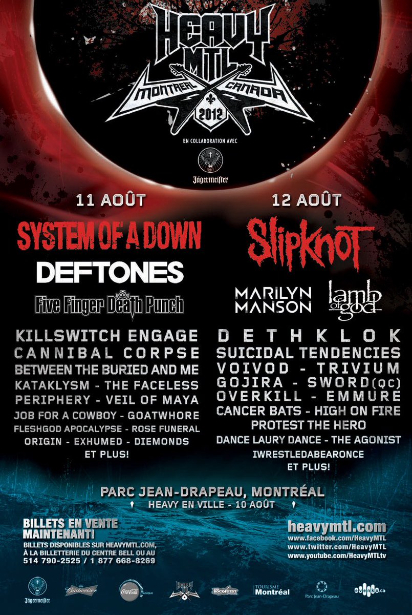 ThisDayInMETAL's tweet photo. On This Day in Metal August 11 & 12, 2012

Heavy MTL 2012 took over Parc Jean-Drapeau in Montréal, Québec, for two massive days of metal!

Headlined by System of a Down on August 11 and Slipknot on August 12, the festival featured an incredible lineup including Five Finger Death Punch, Killswitch Engage, Cannibal Corpse, Between the Buried and Me, Job for a Cowboy, Kataklysm, Periphery, The Faceless, Veil of Maya, Goatwhore, Fleshgod Apocalypse, Origin, Exhumed, Marilyn Manson, Gojira, Suicidal Tendencies, Overkill, High on Fire, Protest the Hero, Cancer Bats, The Agonist and more!

Lamb of God was scheduled to perform on August 12 but did not play. In Flames stepped in and replaced them on the lineup.

Two days. Two legendary headliners. One unforgettable Heavy MTL weekend!

#ThisDayInMetal #HeavyMTL #SystemOfADown #Slipknot #InFlames