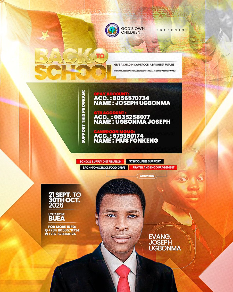 JosephUgbonma's tweet photo. Cameroon 🇨🇲 are you ready.

Back to School program is here 🙂 

Give a Child in Cameroon a Brighter Future.

We're going to visit school to preach, pray, encourage and support students.

Be a part of this program and  let's us walk together in giving hope to our children in Cameroon.

This is a call for my fellow laborers to come together to see to it that this program is a successful one.

A call for support:

You can send your support to any of those accounts below 👇 

— Opay account: 8056570734
Name: Joseph Ugbonma 

— GTB account: 0835258077
Name: Ugbonma Joseph

— Cameroon Momo: 679360174
Name: Pius Fonkeng.

We have less than two months to kick off.