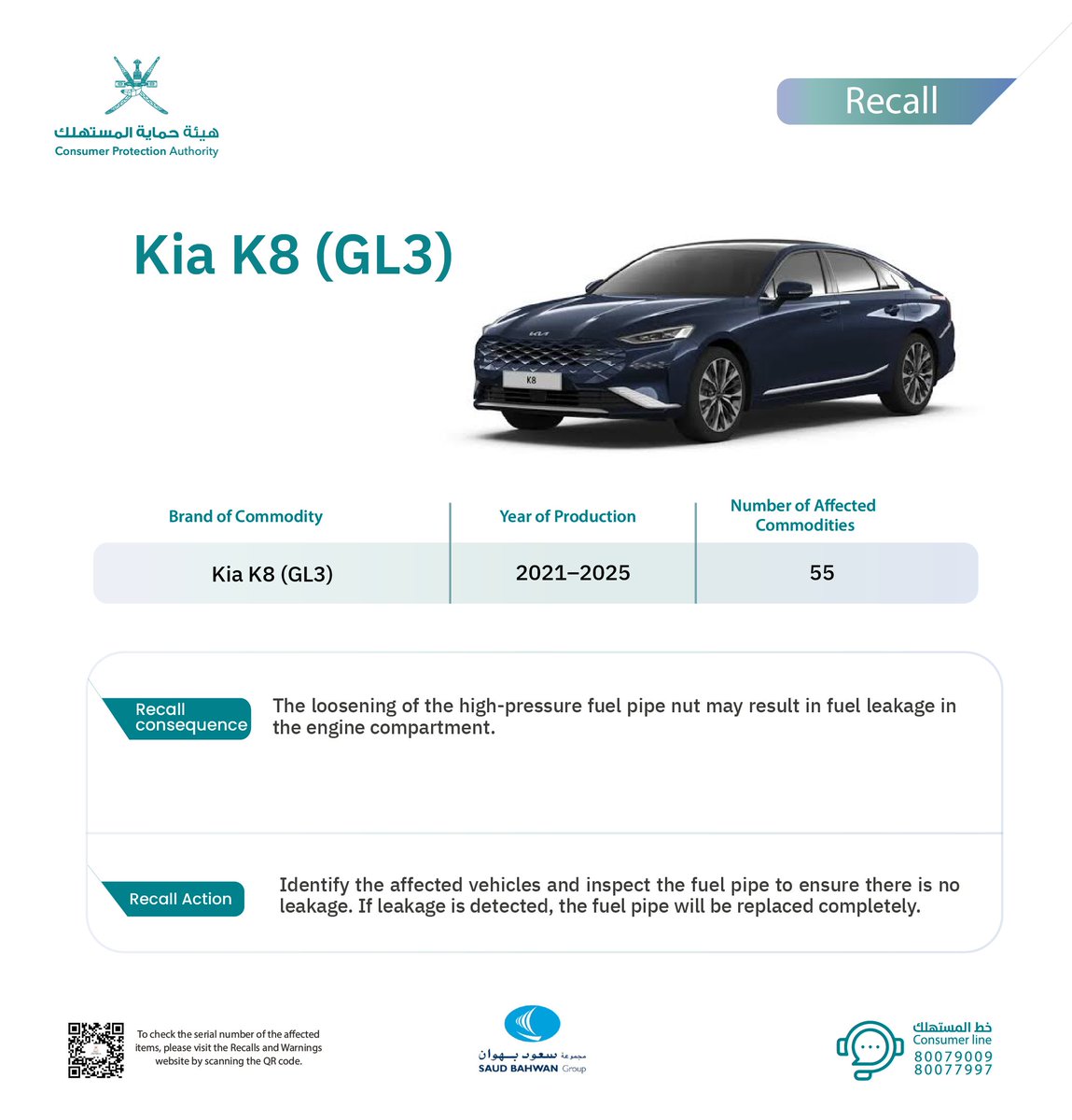 cpa_oman's tweet photo. #Recall of more than 50 Kia (GL3) vehicles, models 2021 - 2025. 

#For_a_stable_and_sustainable_consumer_environment #CPA_Oman https://t.co/pFll6oIq55