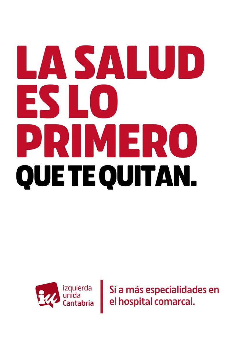 IUCantabria's tweet photo. 🩺LA SALUD ES LO PRIMERO...QUE TE QUITAN.
✅Sí a más personal que reduzca listas de espera.
✅Sí a una atención primaria de cercanía. Todo el año.
✅Sí a más especialidades en el hospital comarcal. https://t.co/b1lB0qf7na