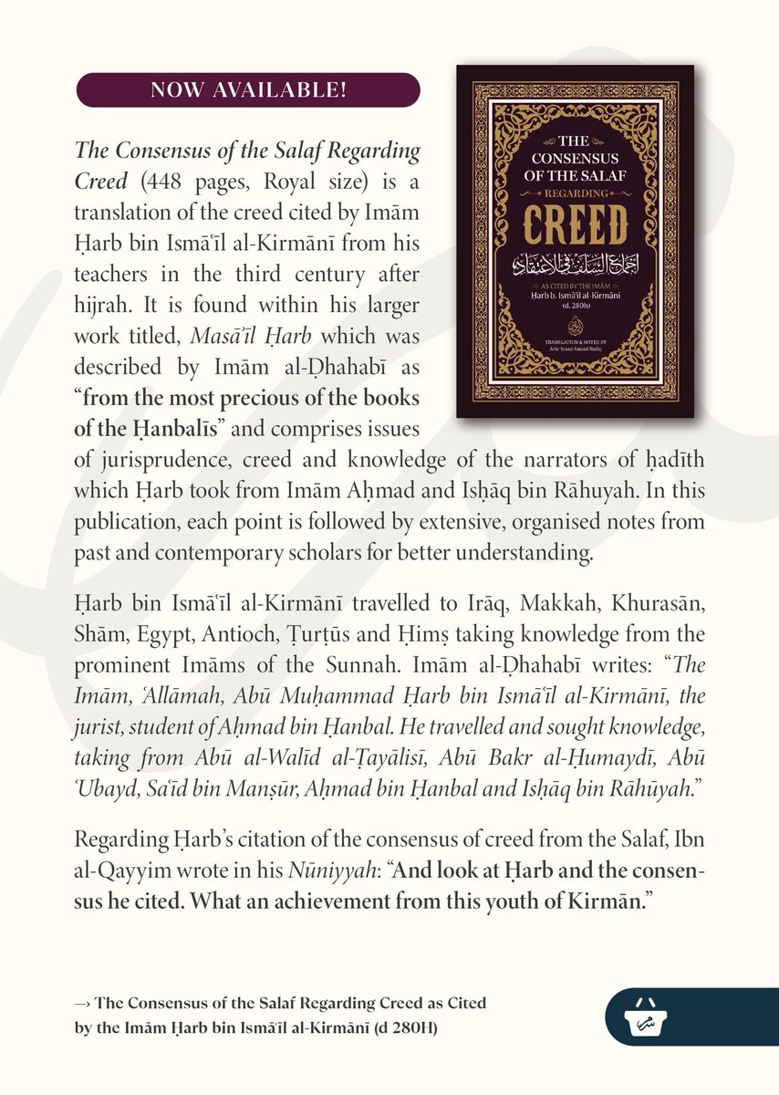 AbuIyaadSP's tweet photo. The Consensus of the Salaf Regarding Creed as Cited by the Imām Ḥarb bin Ismāʿīl al-Kirmānī (d 280H)

With Allāh’s tawfīq, this publication is now available (448 pages, Royal size in hardback):

https://t.co/9ObOnlJmp0 https://t.co/ff0qWDhSY2