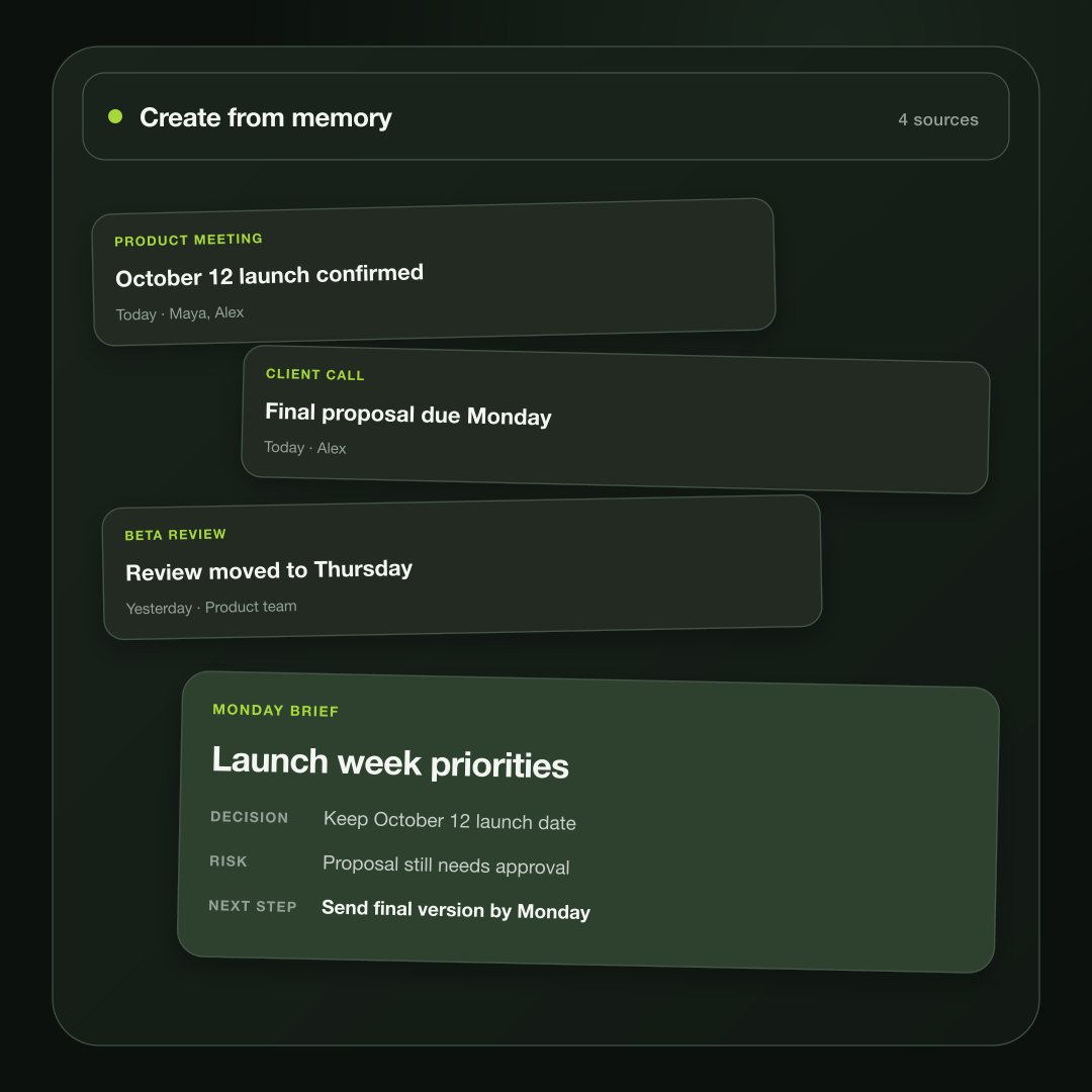 Hemory_com's tweet photo. Decisions, promises, next steps—most vanish by day’s end.  

With permission, Hemory turns conversations into a timeline, connecting what matters so you can act without starting from zero.  

https://t.co/ktARYFOS28 

Comment “Hemory” or DM us for a full-access trial. https://t.co/gxu861fnvZ