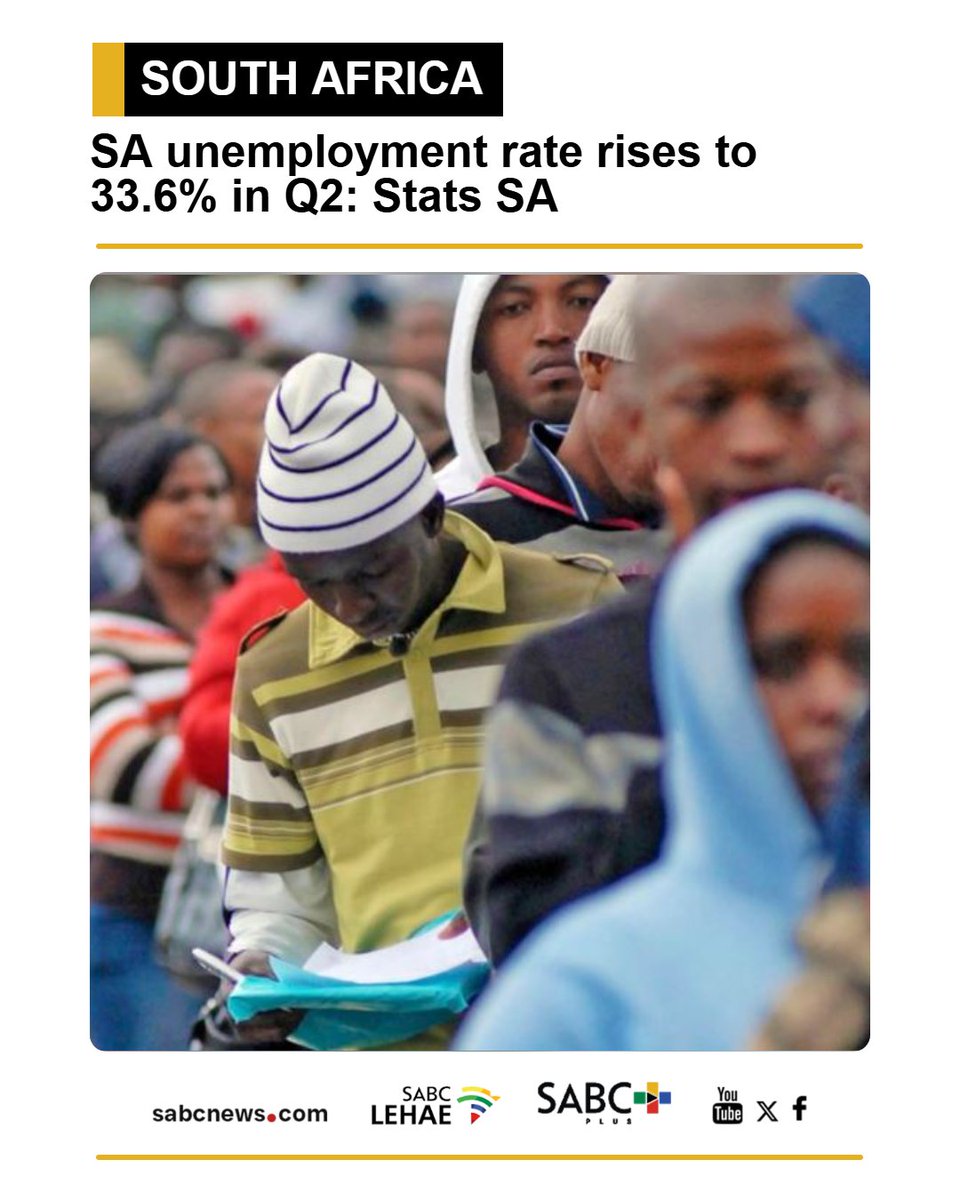 SABCNews's tweet photo. Statistics South Africa data shows that the unemployment rate rose by 0.9 percentage points, from 32.7% in the first quarter to 33.6% in the second quarter of the year. https://t.co/kN9LyCMZQ9 https://t.co/Ud13OkTslc