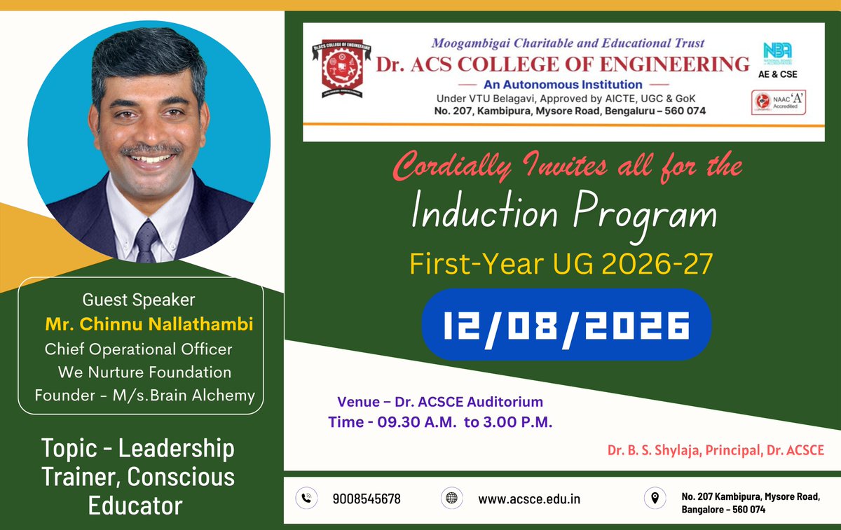 acscebangalore's tweet photo. πβ¨ #DrACSCE welcomes #FirstYearUG 2026β27 students to an inspiring #InductionProgram with Mr. Chinnu Nallathambi, Chief Operational Officer, We Nurture Foundation. π Explore leadership, conscious education & personal growth! π #Leadership #StudentDevelopment #FutureLeaders https://t.co/5EXaoQPVyH