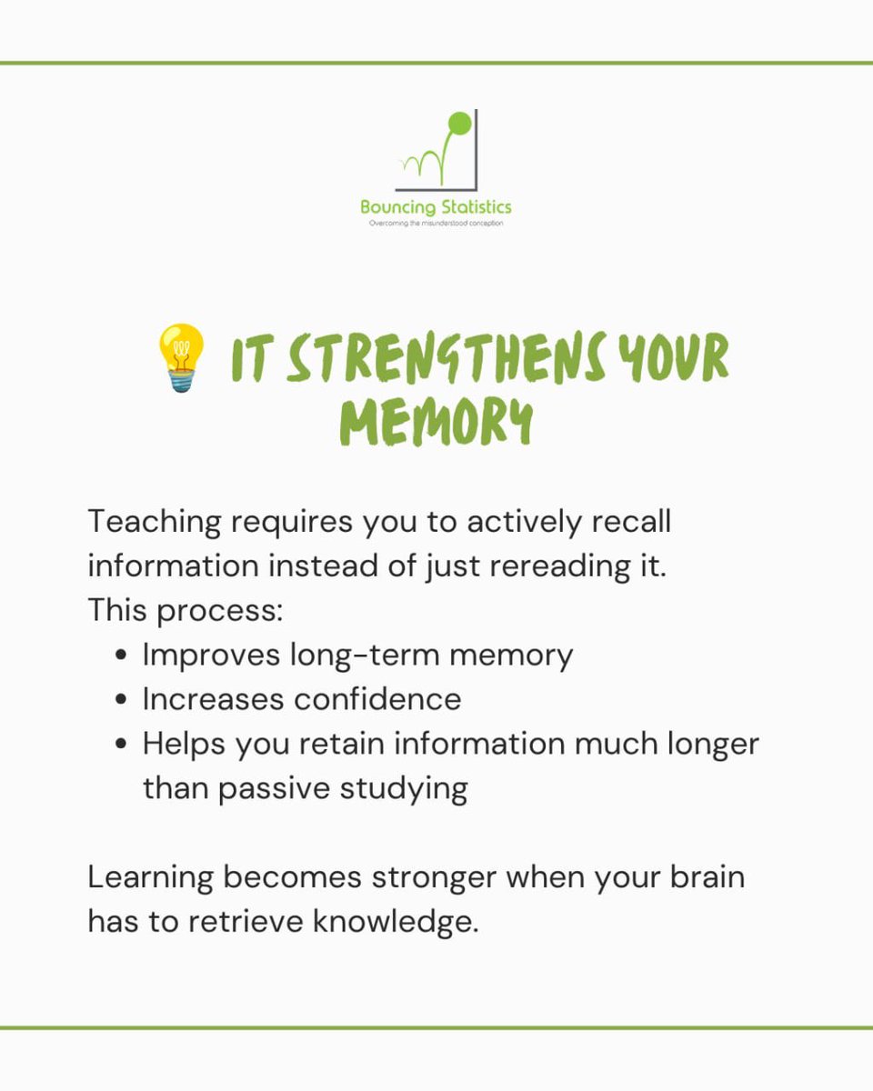 BouncingStats's tweet photo. Have you ever noticed that you understand something better after explaining it to someone else?

When you teach, you organize your thoughts, spot gaps in your understanding, and reinforce what you've learned through active recall.

#BouncingStatistics #Learning #StudyTips https://t.co/WTsvTKJPAe