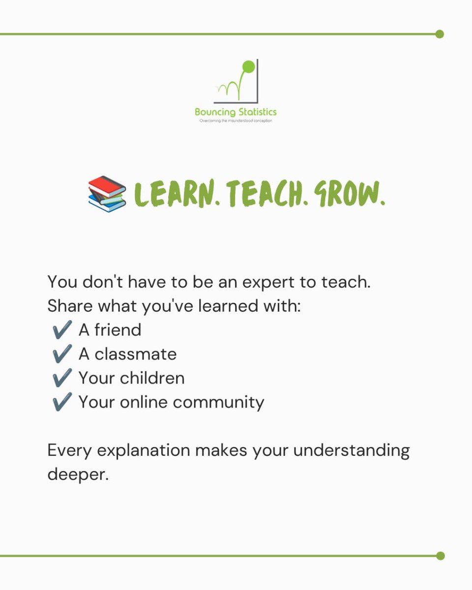 BouncingStats's tweet photo. Have you ever noticed that you understand something better after explaining it to someone else?

When you teach, you organize your thoughts, spot gaps in your understanding, and reinforce what you've learned through active recall.

#BouncingStatistics #Learning #StudyTips https://t.co/WTsvTKJPAe