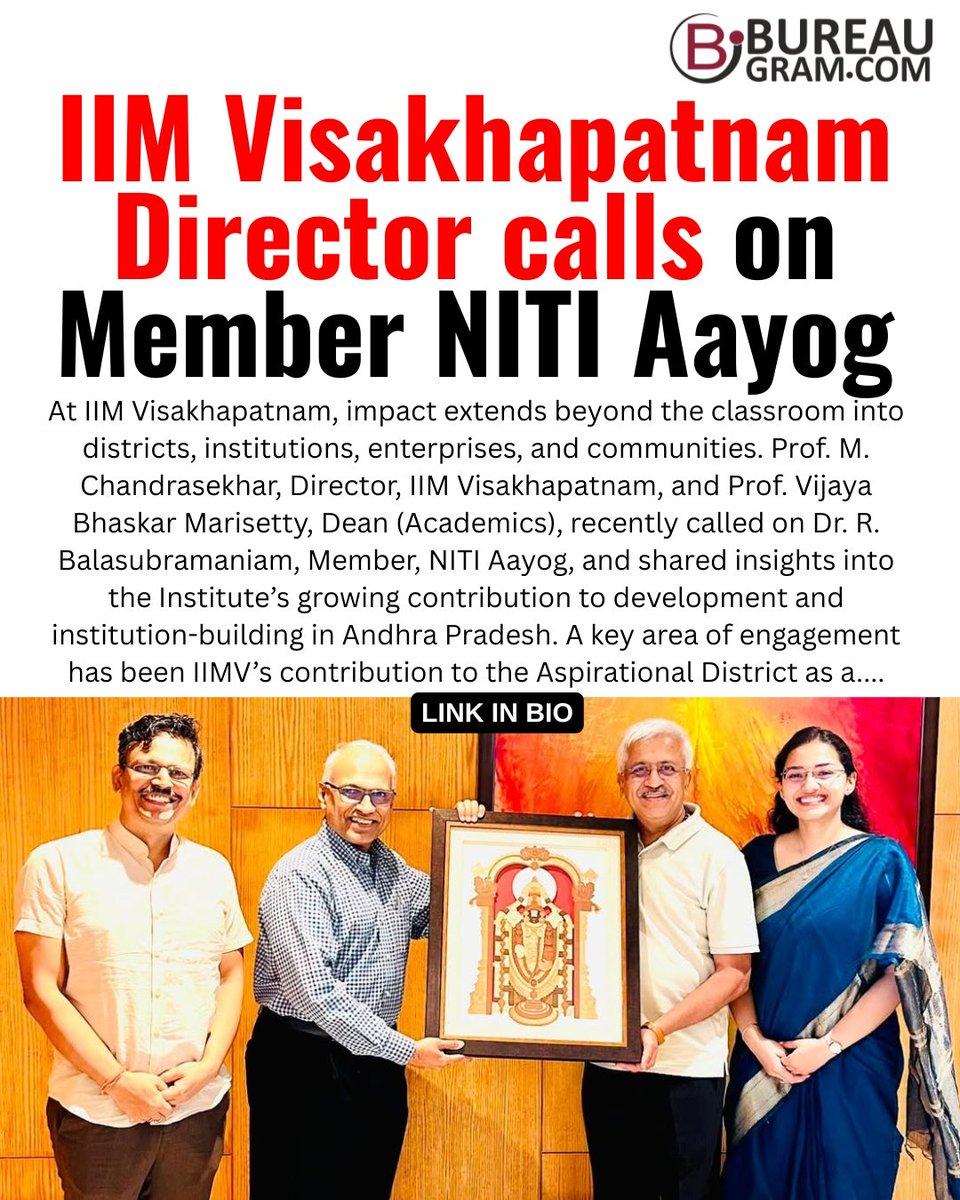 bureaugram's tweet photo. https://t.co/G4SylimvZb
IIM Visakhapatnam Director calls on Member NITI Aayog..
.
@IIMV_Official @NITIAayog @EduMinOfIndia @mygovindia

#BureaugramNews #IIMVisakhapatnam #IIMV #NITIAayog #MChandrasekhar #RBalasubramaniam #AndhraPradesh #AspirationalDistricts #InstitutionBuilding https://t.co/hIgAzNa3bM