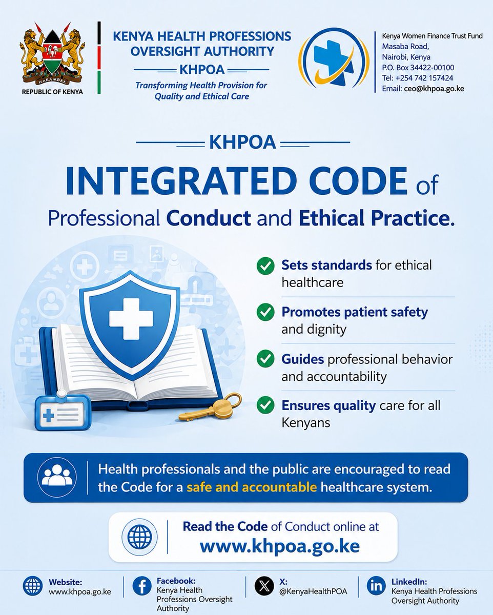 KenyaHealthPOA's tweet photo. The KHPOA Integrated Code of Professional Conduct and Ethical Practice provides standards to guide health professionals in promoting ethical practice, accountability, patient safety, dignity and quality healthcare.
📖 Read the full Code:
 https://t.co/J5xj8uVDKp https://t.co/kwbTaGqMu9