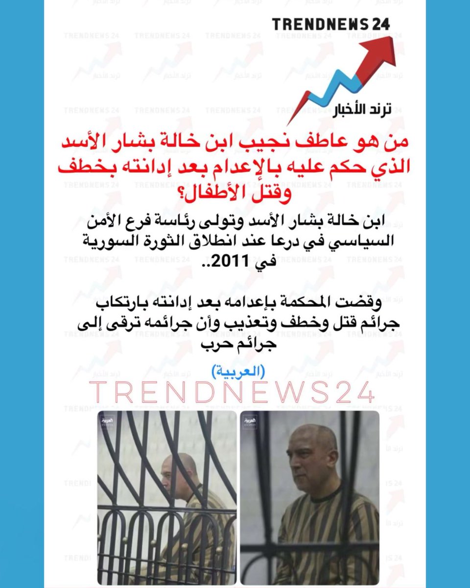 trendnews_24's tweet photo. من هو عاطف نجيب ابن خالة بشار الأسد 
الذي حكم عليه بالإعدام بعد إدانته بخطف 
وقتلَّ الأطفال؟ 

ابن خالة بشار الأسد وتولى رئاسة فرع الأمن
السياسي في درعا عند انطلاق الثورة السورية
في 2011.

وقضت المحكمة بإعدامه بعد إدانته بارتكاب 
جرائم قتل وخطف وتعذيب وأن جرائمه ترقى إلى جرائم حرب

(العربية)