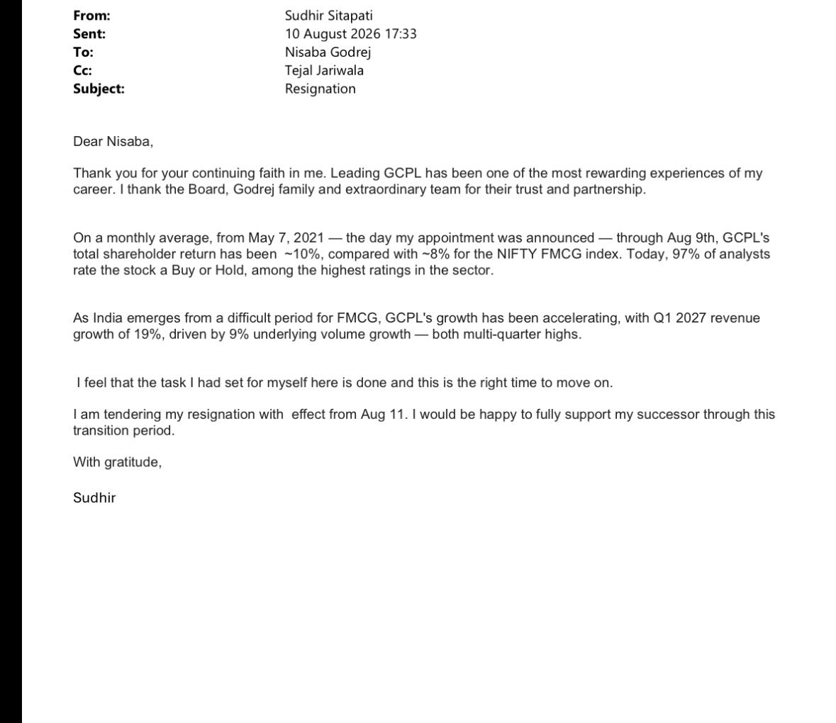 blitzkreigm's tweet photo. Sudhir Sitapati resigns from Godrej Consumer as MD & CEO with immediate effect, much before his term ends in 2031
Surprising exit!
Aasif Malbari (current CFO) appointed MD & CEO for 5 yrs
Explains why the stock underperformed despite decent numbers
#FMCGisLife @CNBCTV18Live https://t.co/3Gl9wb648a