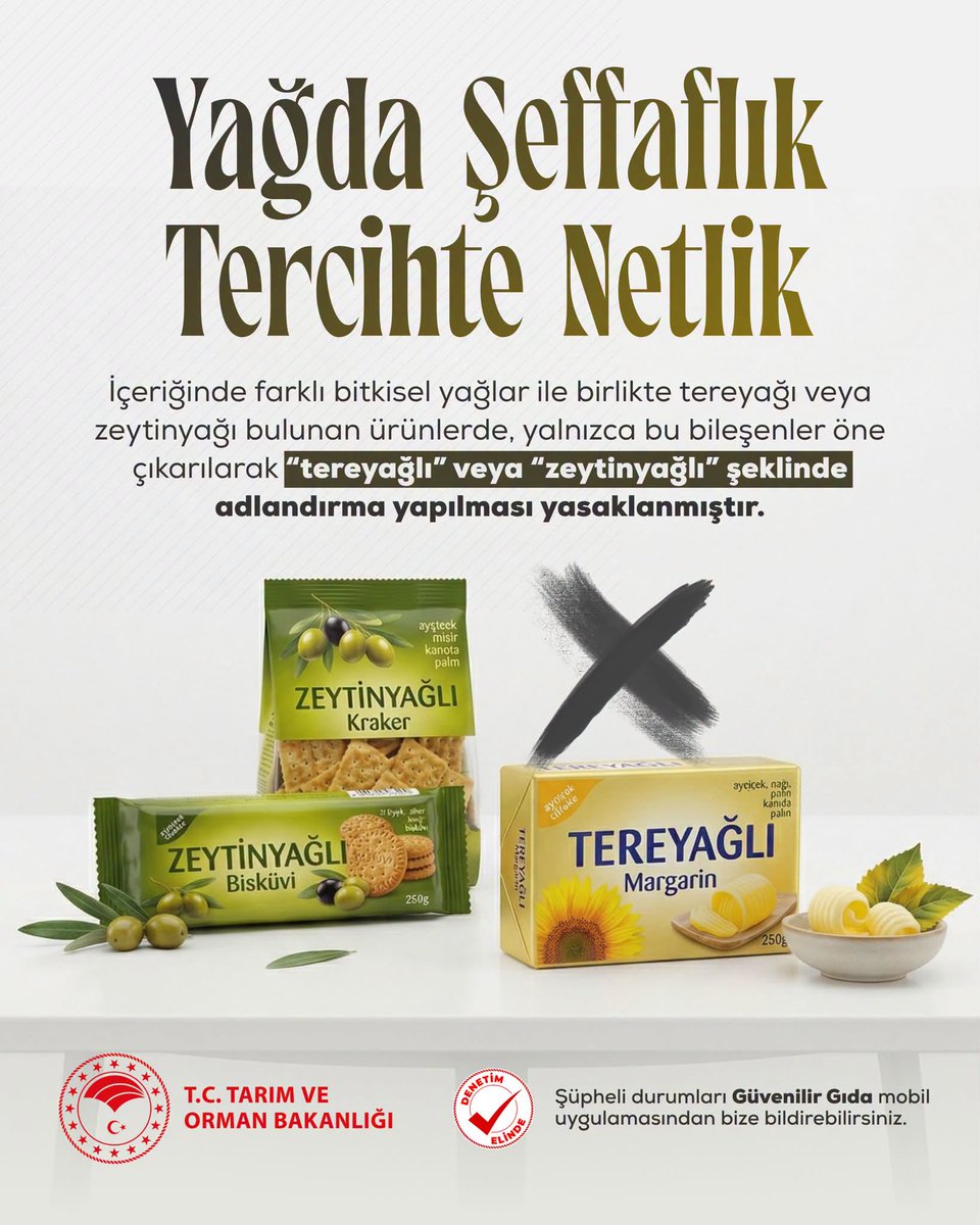 SamsunTRM's tweet photo. Türk Gıda Kodeksi’nde yaptığımız değişiklikler ile içeriğinde birden fazla yağ çeşidi barındıran ürünlerde, sadece "tereyağlı" veya "zeytinyağlı" vurgusu yapılarak tüketicinin yanıltılmasının önüne geçiyoruz.
Tüketicimizin sağlığını ve haklarını korumakta kararlıyız. https://t.co/yR7Dp2JCRG