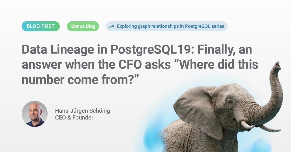 PostgresSupport's tweet photo. Our CEO Hans-Jürgen Schönig recently wrote a blog that talks about data lineage in PostgreSQL 19: how SQL/PGQ lets you store lineage as data, in tables, queryable, and a lot more interesting tid-bits.

Check it out:
https://t.co/3DT1GzkEBN https://t.co/LkiLBwGnSH