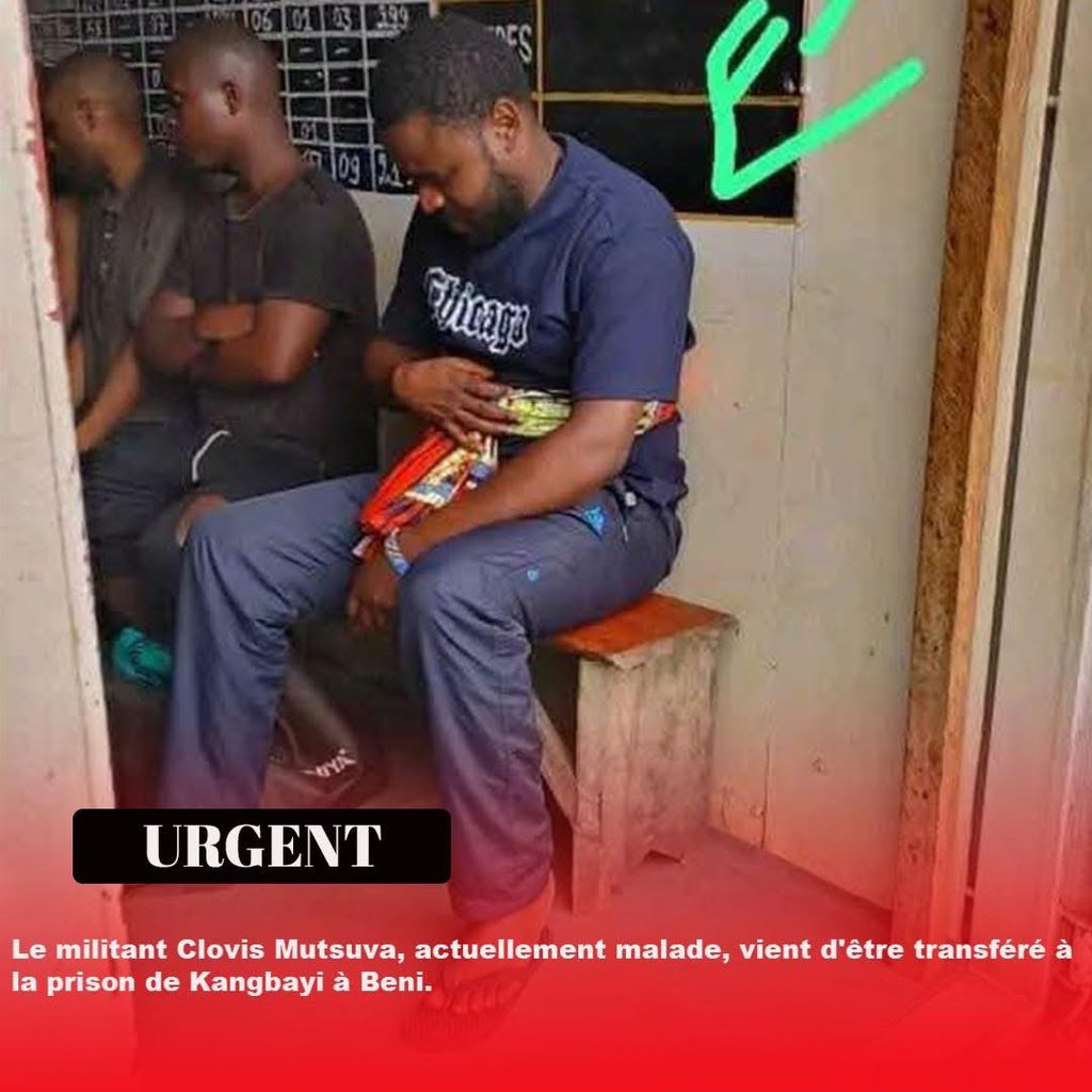 mukinti's tweet photo. 🇨🇩Alors que la santé du leader d’opinion, de la jeunesse @Ensemble_MK , Nord-Kivu 2 , Clovis MUTSUVA, est dans un état critique, il vient d'être transféré à la prison centrale de Kangbayi, après avoir passé 3 semaines à l’auditorat militaire, dans des conditions inhumaines👇🏼#JER. https://t.co/EBfEJAX3Cb