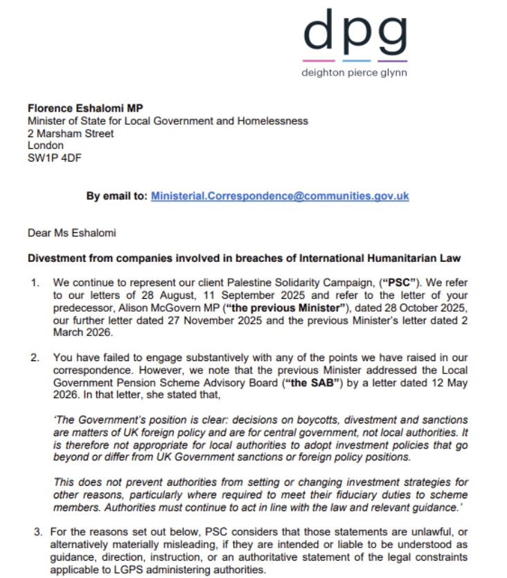PSCupdates's tweet photo. 🚨 Lawyers acting for PSC have written to Minister for Local Gov Florence Eshalomi informing her of her responsibility to ensure that council administered pension funds are not investing in companies involved in Israel’s crimes. 🧵 https://t.co/3nKNtUDqKe