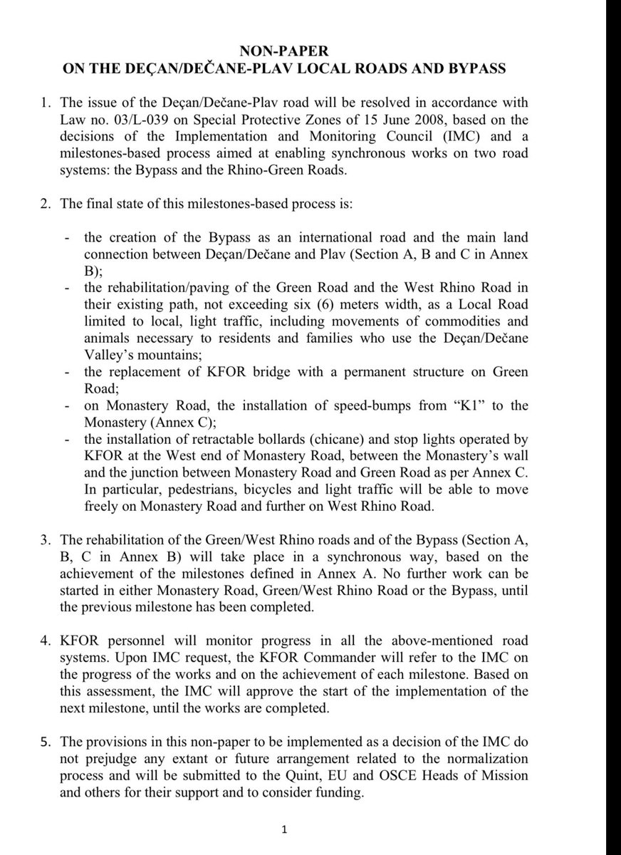 DecaniMonastery's tweet photo. The Unimplemented 2020 IMC Decision on the Dečani Bypass and Local Roads: A Key Security and Rule-of-Law Benchmark

Following KFOR’s announcement that it has begun the gradual, conditions-based integration of Kosovo Police personnel into KFOR’s security architecture at Visoki Dečani Monastery, while retaining its role as the first responder responsible for the security of the Monastery, and the recent unauthorised works on the legally prohibited transit road, the Serbian Orthodox Diocese of Raška and Prizren has pointed out that any assessment of the conditions for this process must include not only immediate operational security indicators, but also concrete and objectively verifiable progress in the rule of law, institutional reliability and the protection of the Monastery’s Special Protective Zone. 

One of the central benchmarks must be the implementation of the arrangement endorsed by the Implementation and Monitoring Council, IMC, on 9 November 2020 and adopted as the unanimous decision of all IMC members. The IMC members participating in the decision were the EU Special Representative and Head of the EU Office, the Kosovo Minister of Economy and Environment, the Kosovo Minister of Culture, the Head of the OSCE Mission in Kosovo and the Abbot of Visoki Dečani Monastery, Archimandrite Sava Janjić. The Mayor of Dečani, Bashkim Ramosaj, the Italian Ambassador, Nicola Orlando, and the KFOR Commander, Major General Michele Risi, attended the meeting as observers. The arrangement was facilitated by the Italian Ambassador within the security framework provided by KFOR, with the expertise and support of the KFOR Commander. It was subsequently publicly announced by the EU Office in Kosovo through the EEAS.

https://t.co/WBHfH4LTOF

Almost six years later, the arrangement has still not been implemented in the milestones-based and synchronised manner unanimously agreed by the IMC. The arrangement was specifically designed to enable synchronous work on two interdependent road systems: the construction of an international bypass outside the boundaries of the Special Protective Zone, as the principal road connection between Dečani and Plav, and the rehabilitation of the existing local road network within the Zone.

This distinction is essential. Article 5 of Law No. 03/L-039 on Special Protective Zones prohibits the construction of transit roads in rural Special Protective Zones. The international and heavy transit traffic between Dečani and Plav (Montenegro) was therefore to be directed onto the bypass outside the Zone, while the existing local roads within the Zone were to be rehabilitated along their existing alignments, without exceeding six metres in width, and were to remain limited to local and light traffic serving residents and families using the Dečani Valley mountains.

The agreed arrangement also provided for the replacement of the existing KFOR bridge with a permanent structure on the Green Road, the installation of speed bumps along the Monastery Road, and the installation of retractable bollards, arranged as a chicane, together with traffic lights operated by KFOR at the western end of the Monastery Road. The final milestone additionally required road signs redirecting heavy traffic to the bypass. 

These measures were designed to ensure that the road immediately beside the Monastery could not be used as an international transit route for heavy vehicles travelling towards Montenegro, while preserving free movement for pedestrians, bicycles and local light traffic. 

The agreement further stipulated that work on the bypass and on the local road system must proceed synchronously and in accordance with the agreed sequence of milestones. No further work was to begin on the local roads in the Zone or the bypass before the preceding milestone had been completed. KFOR personnel were assigned to monitor progress on all the road systems. 👉 (continued)

#DecaniMonastery #Kosovo #SerbianOrthodoxChurch #KFOR