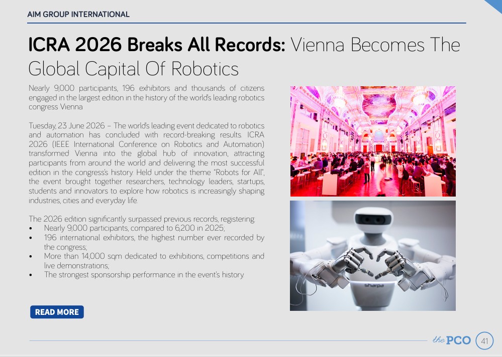 AIMGroupInt's tweet photo. 📣 News you might have missed

#ICRA2026 brought nearly 9,000 participants and 196 exhibitors to Vienna, becoming the most successful edition in the congress’s history.

🔗 Read more in The PCO by @iapco, p. 41: https://t.co/AmMGXhkQsk

#AIMGroupInternational https://t.co/uzl4iCNcD6