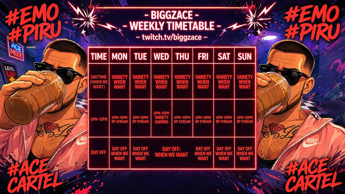 BiggzOgg's tweet photo. New stream schedule from here on out #emos #piru #zlr https://t.co/Dkk4cyTvDO