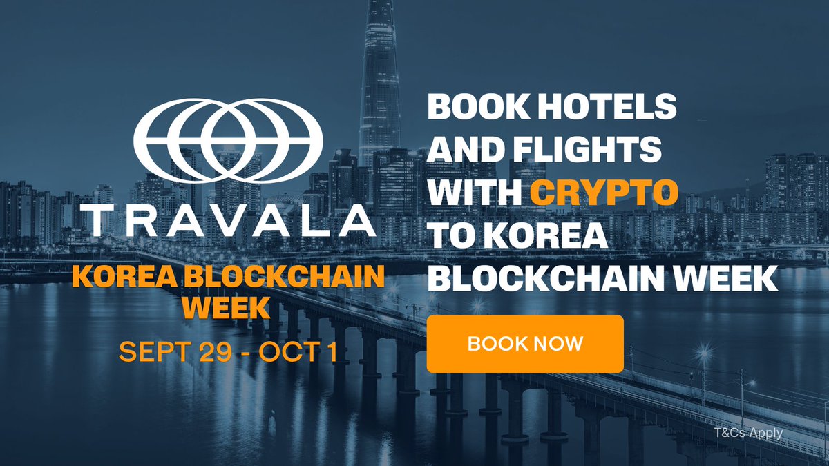 travalacom's tweet photo. 🇰🇷 Korea Blockchain Week @kbwofficial is coming to Seoul! ⚡
Uniting global leaders across crypto, Web3, AI &amp; beyond 🌏

📍 Seoul, South Korea
📅 Sep 29 - Oct 1, 2026

Get $50 OFF flights, hotels, activities! Sign up or log in via this link: https://t.co/sEFNEZFucK ✈️ https://t.co/vk0pTBAueC