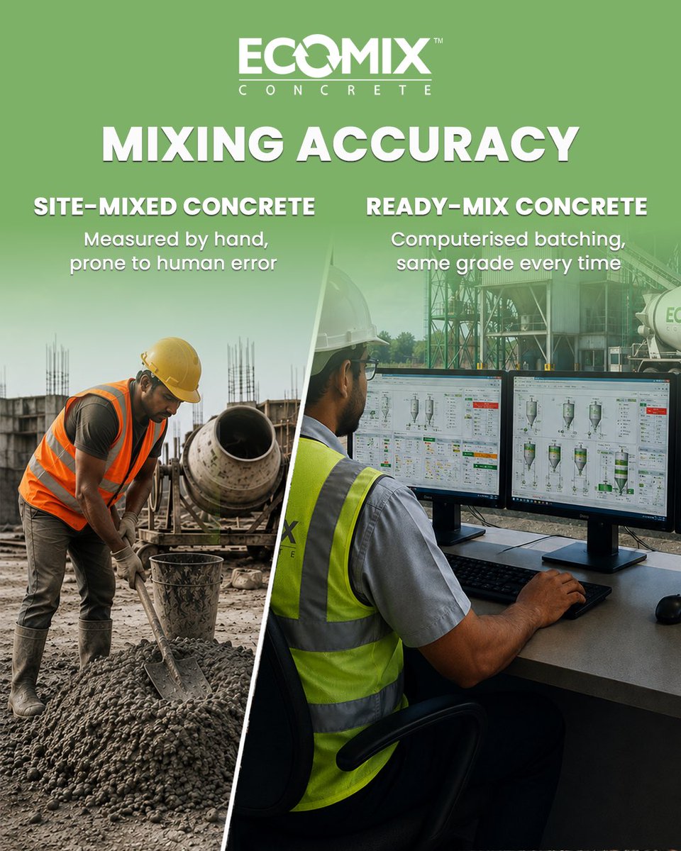 ecomix_india's tweet photo. Not all concrete arrives the same way.
One is measured on-site, by hand. The other is engineered in a plant, batch after batch, to the same standard.
Here's what actually changes when you choose Ready Mix over site-mixed concrete.
#ReadyMixConcrete #ConstructionIndia #ConcreteSolutions #EcomixConcrete #ConstructionTips #ProjectExecution