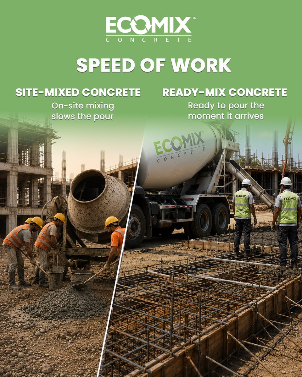 ecomix_india's tweet photo. Not all concrete arrives the same way.
One is measured on-site, by hand. The other is engineered in a plant, batch after batch, to the same standard.
Here's what actually changes when you choose Ready Mix over site-mixed concrete.
#ReadyMixConcrete #ConstructionIndia #ConcreteSolutions #EcomixConcrete #ConstructionTips #ProjectExecution