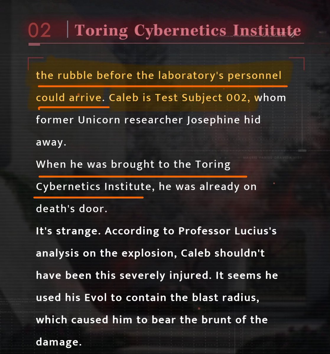 PaperAppleLover's tweet photo. For the first and last time, I’m going to lay out all the ACTUAL CANON FACTS about CALEB’S MECHANICAL ARM, directly based on the GAME’S ORIGINAL LORE in this thread.‼️

First of all, please stop presenting your own headcanons as if they were the actual canon lore of the game.

And I want to make this absolutely clear:

“Professor Lucius and the research team at the Toring Cybernetics Institute rescued Caleb and modified his damaged right arm.”

That is the actual game lore.

Here’s what the game actually tells us:

1. WORLD UNDERNEATH 19 — SERPENT’S CAST

This section gives us some of the most important information about what happened to #Caleb after the explosion and how his mechanical arm came to exist.

Before the explosion at the house in Bloomshore, Caleb uses his Evol to protect MC by containing and reducing the explosion’s range and intensity. Because of this, he takes the majority of the blast’s impact himself, with his right arm suffering particularly severe damage.

Professor Lucius finds Caleb beneath the rubble before the rest of the laboratory forces arrive. Caleb is already on the verge of death when Lucius finds him.

At the Toring Cybernetics Institute, which operates under EVER, advanced cybernetic technology is used to reconstruct his damaged arm. Nano-threads reconnect the dead nerves in Caleb’s right arm, allowing the mechanical replacement to function.

At the same time, the researchers attempt to activate the Toring Chip inside Caleb, using it to infiltrate his consciousness and feed data into his mind in an attempt to control him.

Caleb remains in a coma, yet he demonstrates an extraordinary level of psychological resistance. His resistance is so unusual that it genuinely surprises both the researchers and Professor Lucius.