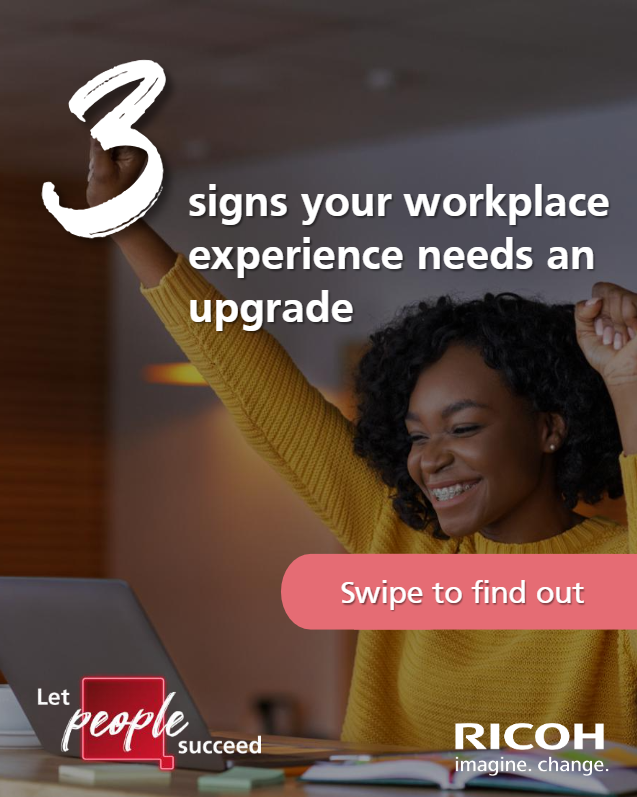 Ricoh_SA's tweet photo. Your workplace could be telling you it's time for an upgrade. Are you listening? 👀

Swipe through to discover three signs that it might be time for a change.

Learn how Ricoh's Workplace Experience Solutions can help here: https://t.co/Houlgq3iSR https://t.co/Z3u8WNH8X5