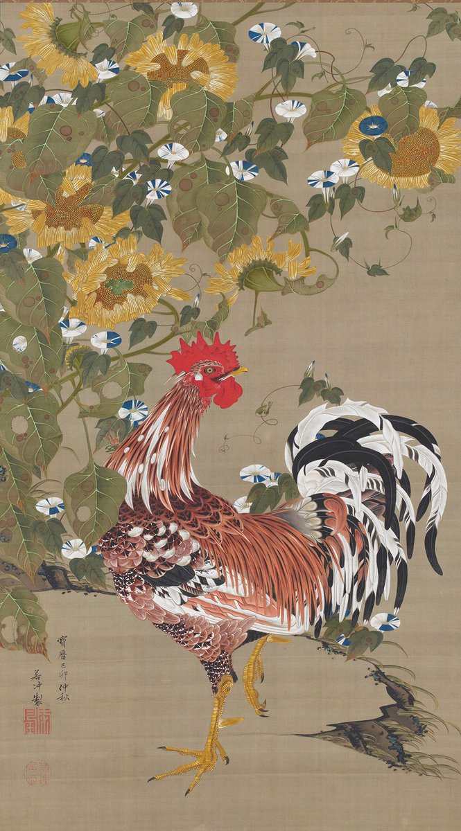 NihonBijutsushi's tweet photo. 伊藤 若冲　いとう じゃくちゅう　Itō Jakuchū　1716–1800

《動植綵絵　向日葵雄鶏図》国宝
どうしょくさいえ　ひまわりゆうけいず

1759年・18世紀・江戸時代
絹に彩色・掛軸30幅のうち
東京・皇居三の丸尚蔵館 https://t.co/1hmW4id0fR