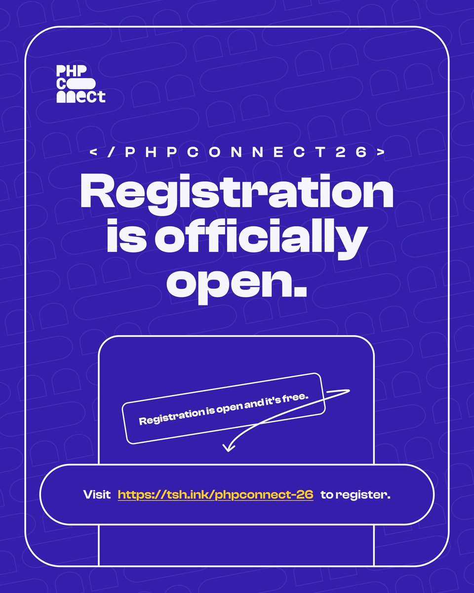 PhpTalks's tweet photo. "Registration for PHPConnect 2026 is OPEN. 🎟️
It's free and on YouTube, so why register?

→ calendar invite, YOUR timezone solved
→ talk notes + code after
→ tells us how many chairs to put out https://t.co/0mSQAAJgzH