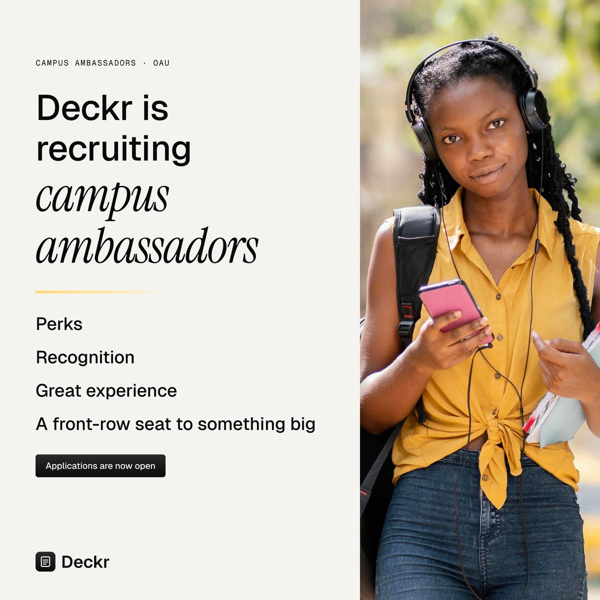 useDeckr's tweet photo. The Deckr Campus Ambassador Program is officially open at OAU! 🎉

If you love connecting with people, while helping students study smarter - this is for you.

Click on the link below to get started:

https://t.co/hxwR9pWklP

We can't wait to have you join us 🥰 https://t.co/KkgSlA7VFX