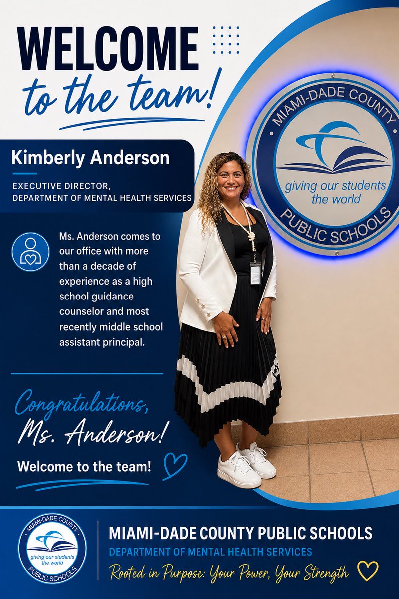 MDCPS_MHS's tweet photo. We ask that you give a warm welcome to a new member of our administrative team, Ms. Kimberly Anderson. Ms. Anderson joins our team with over 20 years of experience in @MDCPS serving students in different capacities. 

Looking forward to another successful year! #YourBestChoice https://t.co/CcIRsxT8pZ