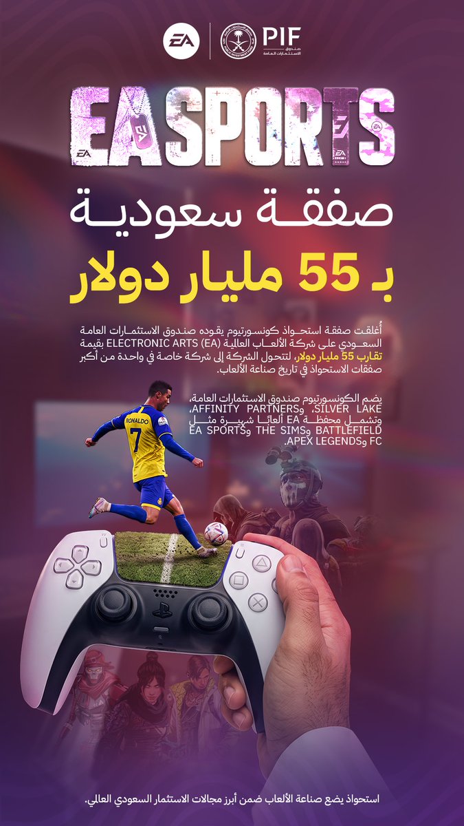 _kyd1's tweet photo. 55 مليار دولار في صفقة تعيد رسم مشهد صناعة الألعاب.

إنفوجرافيك يسلّط الضوء على استحواذ كونسورتيوم يقوده صندوق الاستثمارات العامة السعودي على Electronic Arts (EA) وأبرز تفاصيل الصفقة.

#GraphicDesign #Infographic #Gaming #SaudiArabia #PIF #EA https://t.co/9hduczF0hy