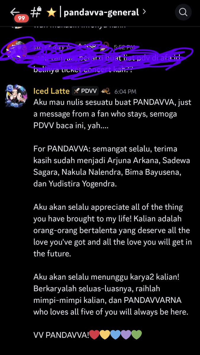 IcedLatte7777's tweet photo. Sebuah tulisan yang aku taruh di Discord general #PANDAVVA. Harapanku, para talent bisa membaca ini di masa2 yg sulit ini🥹. 

I am sure it's very hard for them. I'm sure they're hurting too. Tapi aku yakin mrk juga bisa belajar dari semua ini. 

For those who stay, lets shower them with love. 🫶🏻