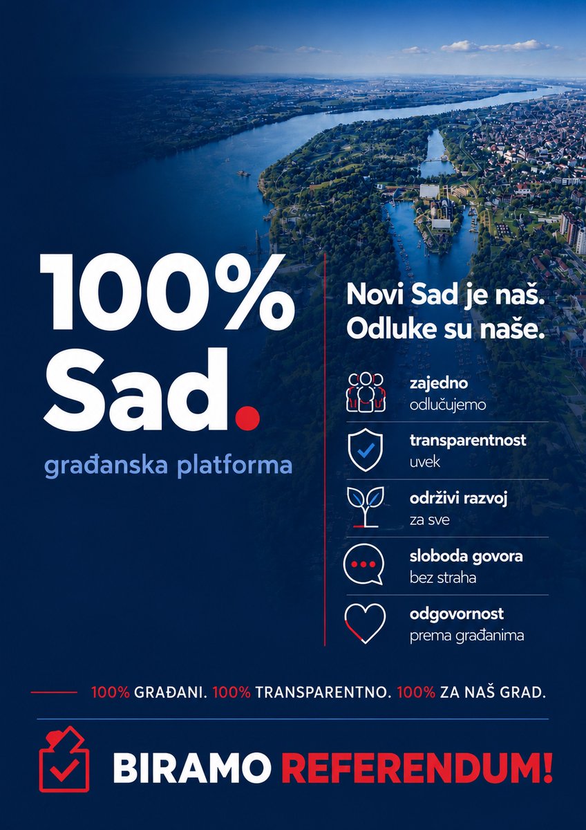 ZboroviNS's tweet photo. Građanska platforma „100% Sad.“ pokreće narodnu inicijativu čiji je cilj raspisivanje obavezujućeg lokalnog referenduma na kojem bi građani odlučili da li Plan generalne regulacije takozvanog „Novog Sada na vodi“ treba da prestane da važi.

Predlog za verifikaciju narodne inicijative predaćemo sutra, u sredu, 12. avgusta 2026. godine, u 10 časova, u pisarnici Gradske uprave za opšte poslove, u Ulici Narodnog fronta 53.

SVI STE DOBRODOŠLI DA SE PRIDRUŽITE PREDAJI NARODNE INICIJATIVE! 

Jer Novi Sad nema nikog drugo osim nas!

https://t.co/EUDxMCZkiX