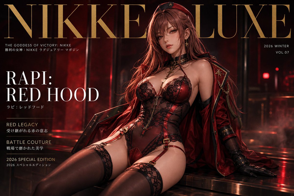 seven573_2's tweet photo. Crimson confidence, forged for the battlefield and reimagined for the runway. ❤️‍🔥

Rapi: Red Hood commands the spotlight in a luxurious red-and-black lingerie collection, blending delicate lace with futuristic combat elegance.

#RapiRedHood #GoddessOfVictoryNIKKE #NIKKE #LingerieFashion #AnimeFashion #CrimsonBeauty #LuxuryLingerie #AnimeArt #GameArt #DigitalArt
