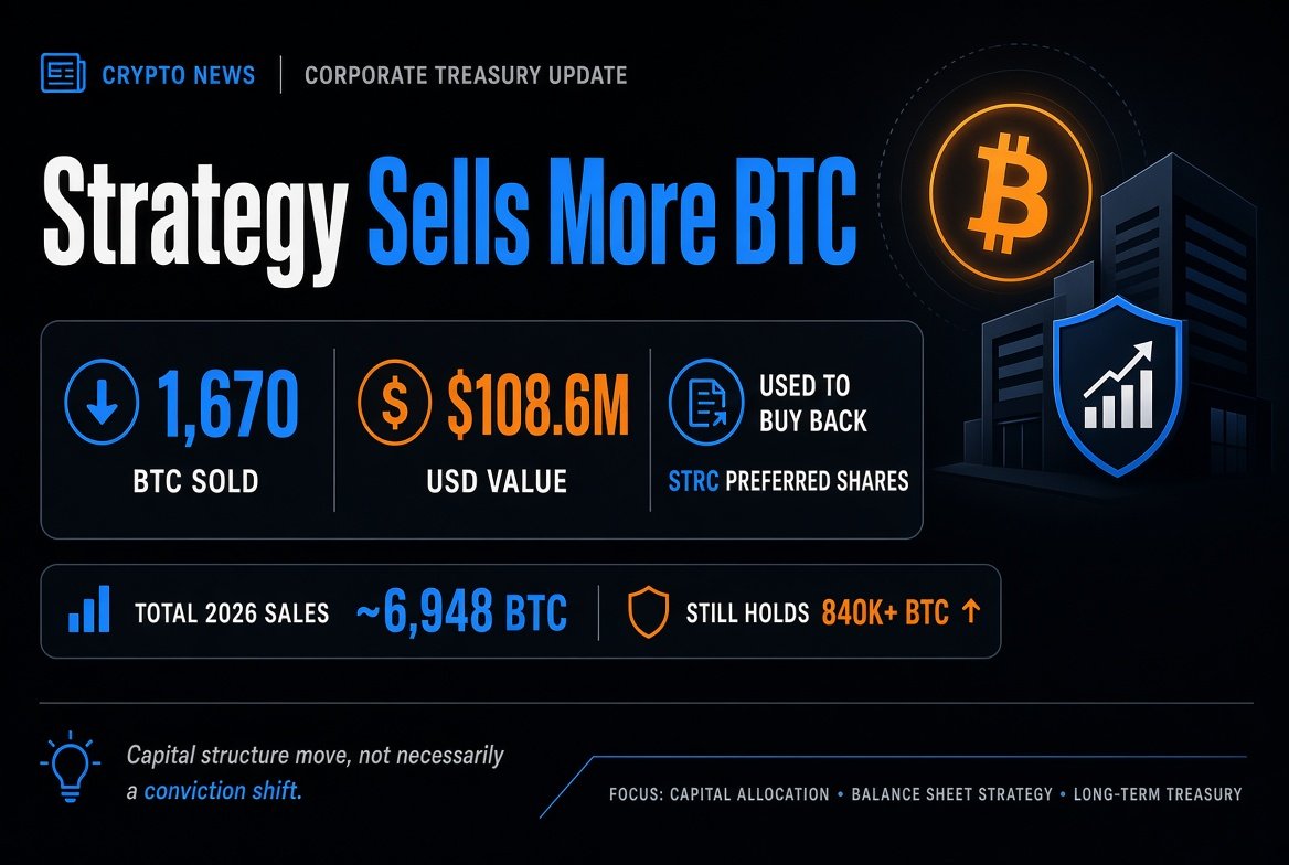 FuyuSora2's tweet photo. Strategy (formerly MicroStrategy) just disclosed another Bitcoin sale.

Between August 3-9 they sold 1,670 BTC for about $108.6 million and used the proceeds to repurchase their own STRC preferred shares. This marks the second consecutive week of selling and brings their total BTC sales in 2026 to roughly 6,948 BTC.

They still hold over 840,000 BTC, so the treasury remains massive. The move looks more like capital structure management (buying back preferred stock that pays dividends) than a change in long-term Bitcoin conviction.

Interesting signal: even the largest corporate Bitcoin holder is willing to sell some coins when it serves a specific balance-sheet purpose. Markets are watching whether this becomes a recurring pattern or stays limited.

BTC itself is still hovering near the $64k–$65k zone while ETF inflows remain relatively solid.