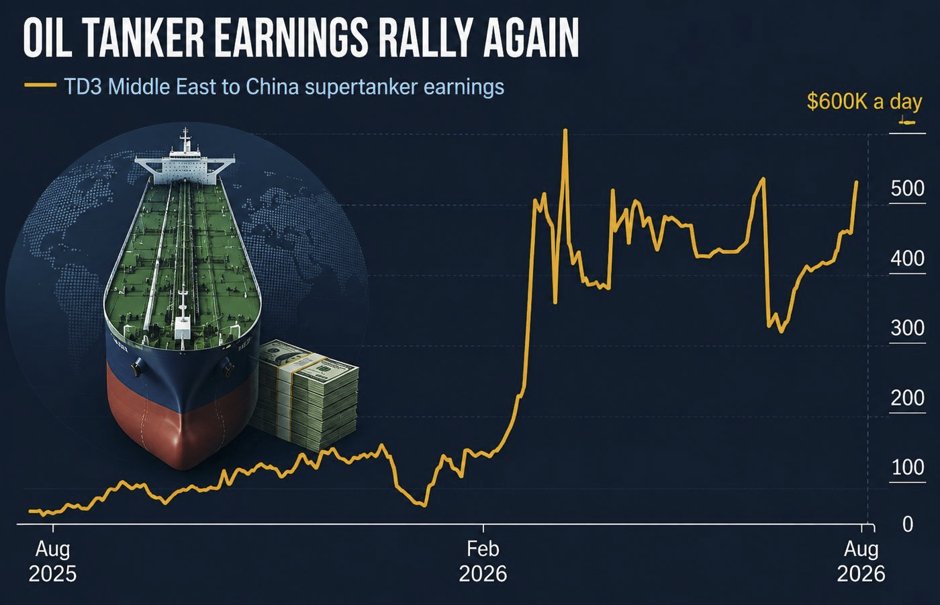 GryphonIAB's tweet photo. #SUPERTANKER RATES SURGE TOWARD $500,000 A DAY ON #HORMUZ ROUTE

Key Details: Rates on the key Middle East-to-#China route spiked after South Korea's Sinokor booked a vessel at extreme levels. Shipowners are avoiding the Strait of Hormuz, creating what analysts describe as a scarcity premium for those still willing to operate there.

Impact Assessment: #Freight is now a larger swing factor in delivered #crude cost than the flat price itself, and rates at these levels effectively function as an additional embargo on Gulf barrels. Tanker equities are the cleanest expression of the disruption. Any credible reopening would collapse these rates violently, making the trade highly asymmetric.

Thoughts of the day, Daily Market News over the last 24 hours.
Read more, for the full analysis
 
Thoughts for the day NEWS
 https://t.co/SXUHdN1mZS
 
See our new quarterly earnings updates page.
 https://t.co/dKwXKoXwsy
#FederalReserve #Tariffs #Investing #GlobalTrade #FinancialMarkets
 
 Follow me on X, search for @GryphonIAB