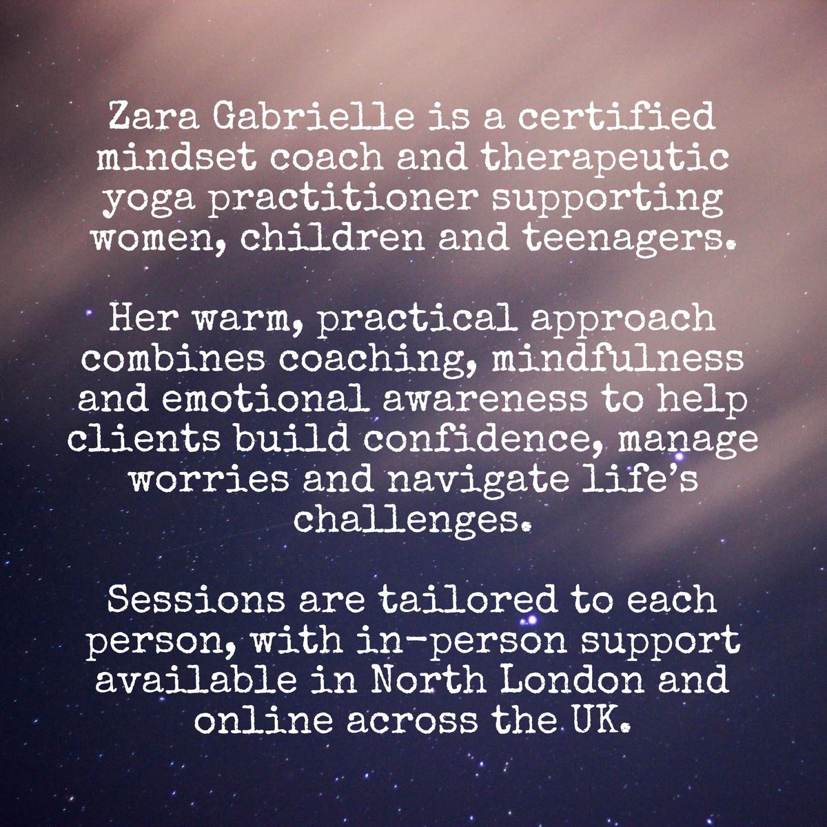 MHTherapyHub's tweet photo. The Mill Hill Therapy Hub is delighted to welcome Zara Gabrielle, a mindset coach and therapeutic yoga practitioner supporting women, children and young people in North London and online. 🌿✨ https://t.co/kzsdxxSPtK