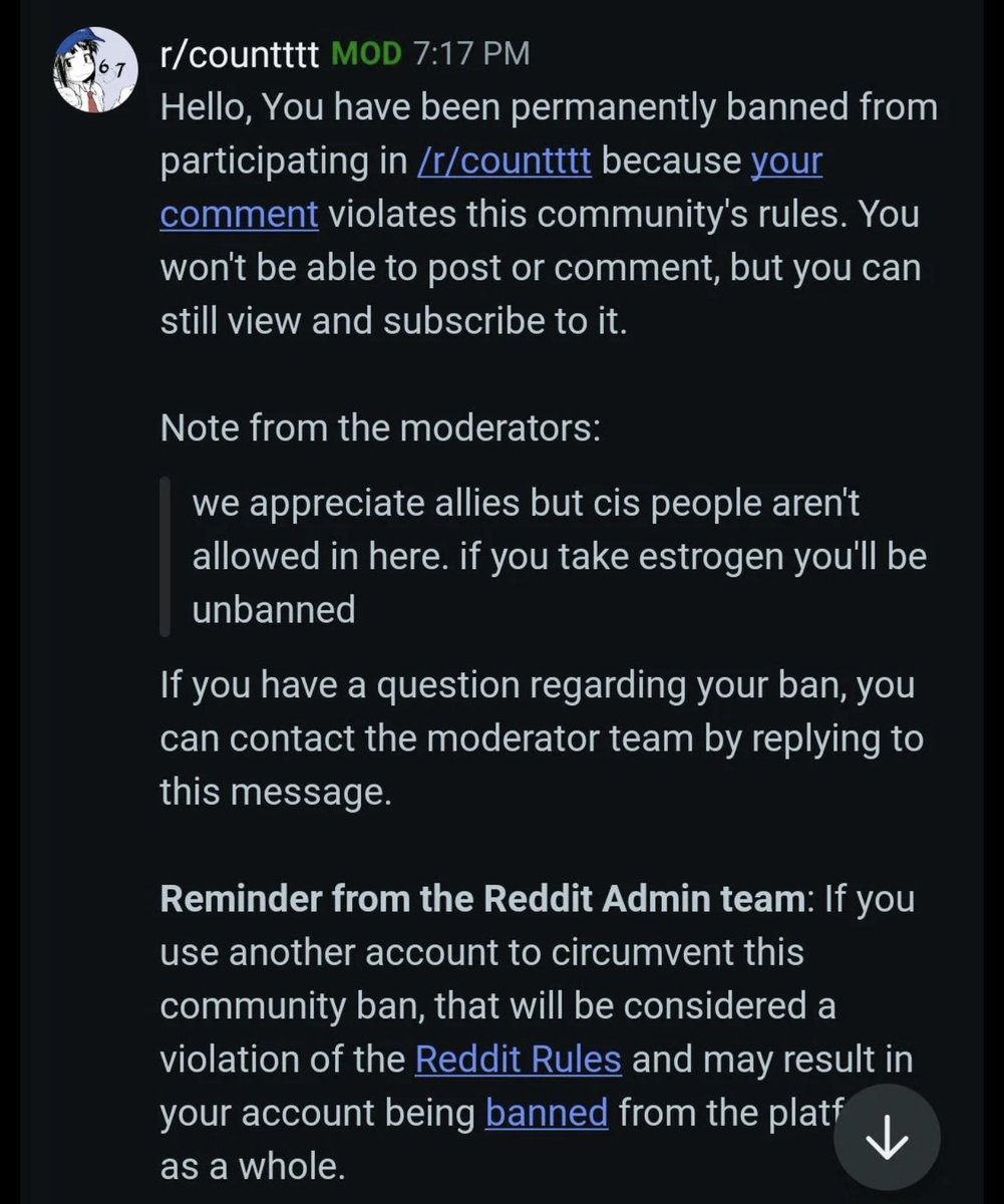 Reddit_Retards's tweet photo. "If you take estrogen, you'll be unbanned" https://t.co/ShrwRRBjL4