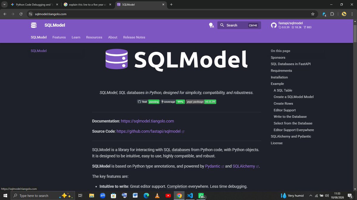 Yourtechguy_001's tweet photo. Day 54 of Python 🐍

Diving deep into SQLModel docs &amp; database fundamentals! 🗄️

• Shift from in-memory to relational DBs
• ORM mechanics (SQLAlchemy + Pydantic)
• Mapping classes to SQL tables (table=True)

Docs first, code next! ⚡

#BuildInPublic #Python #SQLModel #Backend https://t.co/rZyDCrc1uF