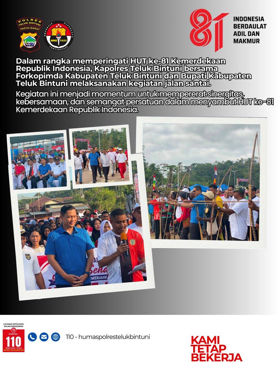 HumasPolrestel2's tweet photo. Kapolres Teluk Bintuni Hadiri kegiatan jalan santai Dalam rangka HUT RI KE 81 tahun 2026.
.
#polriuntukmasyrakat
@divisihumaspolri https://t.co/L8TTtfCGPO