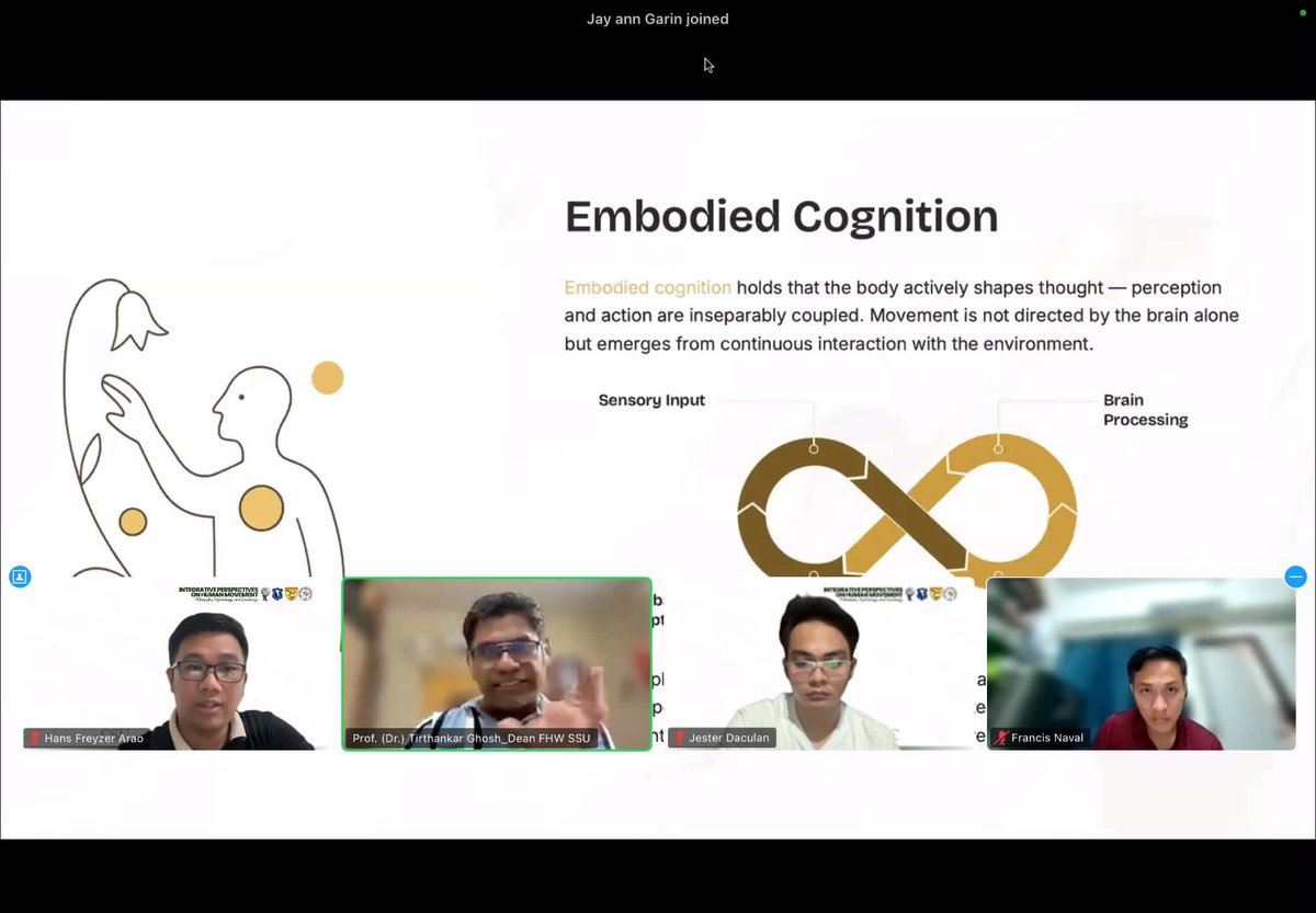 FHW_SSU's tweet photo. The Faculty of Health &amp; Wellness, Sri Sri University, congratulates Prof. Tirthankar Ghosh, PhD, for serving as Resource Speaker at the Aug 8 webinar on “Contemporary Theories and Paradigms of Human Movement.” 🧠🏃‍♂️

#SriSriUniversity #HumanMovement #HealthAndWellness https://t.co/C2mIFOtlxo